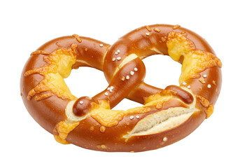 A classic Bavarian soft pretzel, golden-brown and twisted, generously covered with melted, gooey sharp cheddar cheese and sea salt on a transparent background, concept for gourmet snack marketing