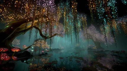 Enchanted forest with glowing mystical plants and shimmering water reflecting magical lights