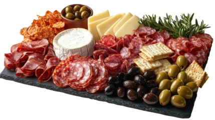 Charcuterie board with assorted cheeses, meats, olives, and crackers, PNG, isolated on transparent background.
