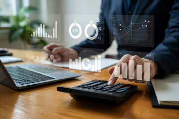 Data Analytics Man Analyzing Financial Graphs and Charts with Calculator