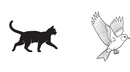 Black Silhouette Cat Walking Next to Line Art Bird in Flight