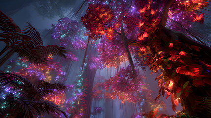 Enchanting bioluminescent forest canopy with vibrant glowing flora and ethereal light filtering through
