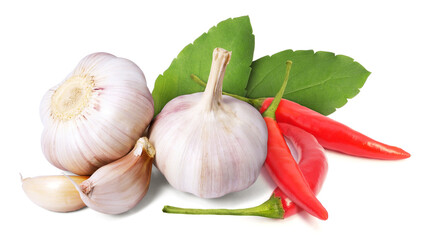 Ingredients for cooking, Holy basil leaves garlic red chili isolated on white background.