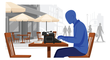 Fototapeta premium A Writer Sits at a Cafe Table Typing on a Vintage Typewriter
