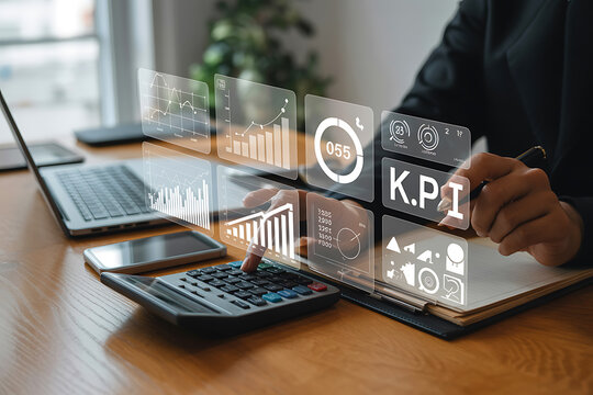 Business Man Analyzing Financial Data and K.P.I. with Calculator