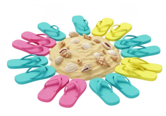 Colorful flip flops arranged around a sandy beach scene isolated on transparent background