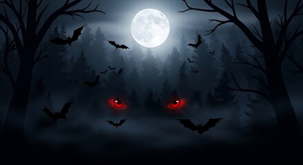 Eerie Halloween Night - Red Eyes in Dark Forest Under Full Moon.