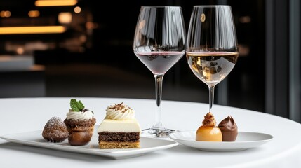 Elegant Dessert Selection with Wine: Gourmet Pastries, Red and White Wine Glasses on a White Tablecloth, Fine Dining Experience