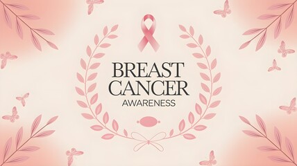 Elegant Breast Cancer Awareness Poster with Pink Ribbon, Leaf Wreath, and Butterflies on Soft Pastel Peach Background