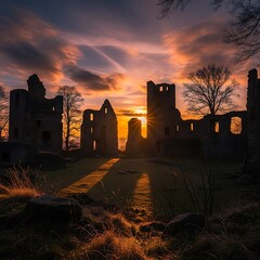 Castle Ruins at Sunset - A Silhouette of History and Nature.
