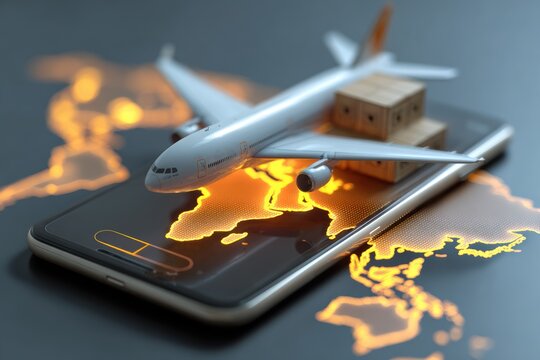 air freight delivery tracking. Airplane model and cargo boxes on a smartphone with a glowing world map background.