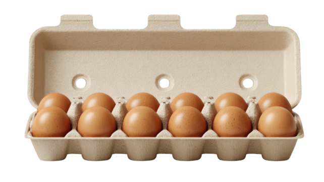 Beige egg carton made of recycled paper pulp with natural texture and empty container detail isolated on white background