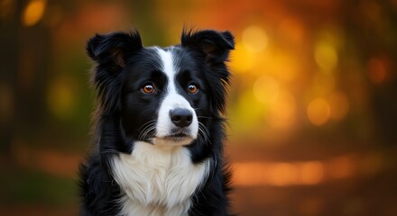 Fototapeta premium Border Collie Dog with Black and White Coat in Close-Up Portrait Against Blurred Autumn Background with Orange and Yellow Leaves