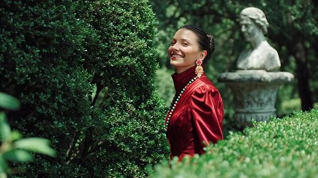 Smiling woman in red dress among lush greenery, elegant atmosphere with classical sculpture in background, garden setting with a serene vibe