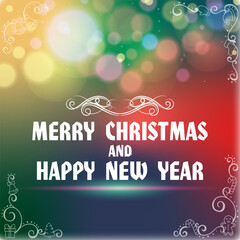 Elegant and colorful Christmas and New Year greeting card with glowing bokeh lights on a gradient background. The composition features a bright festive atmosphere, decorative white ornaments, and eleg
