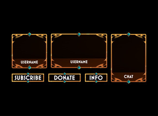 Golden fantasy stream overlay design, elegant RPG frame with blue gems and glowing gold ornaments, subscribe and donate buttons for streamer layout.