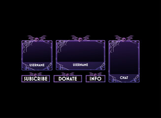 Halloween stream overlay design, spooky purple frame with skull and bat wings, cobweb decorations, subscribe and donate buttons for streaming layout.