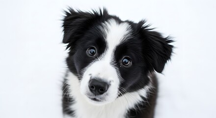 Fototapeta premium Border Collie Dog with Black and White Coat in Close-Up Portrait Against Plain White Background Looking Directly at Camera