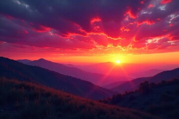 Fototapeta premium Fiery Sunrise Paints Dramatic Silhouette Over Rolling Hills and Distant Mountains