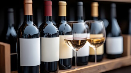 Wine Bottles in Rack with Wine Glasses, Featuring Blank Labels for Branding and Product Mockups in a Wine Cellar Setting