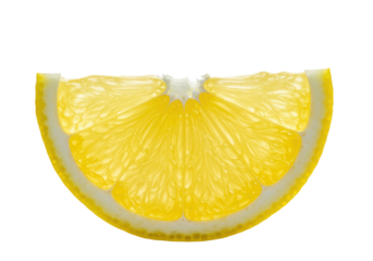A vibrant, juicy yellow lemon slice with textured rind and white pith, macro close-up on a transparent background with copy space. Concept of natural health and vitality