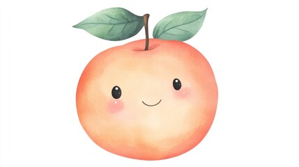 Cute cartoon peach fruit, cheerful expression, isolated on white background, digital illustration, for children's material