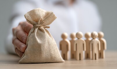 Hand Giving Money Bag to Wooden Figures,It shows a hand offering a money bag to wooden figures. Great for finance, team funding, or business investment visuals.