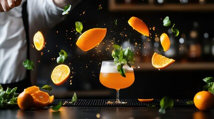 Bartender Creating Citrus Cocktail: Orange Slices and Mint Leaves in Motion Around Glass, Professional Bar Setting, Refreshing Beverage