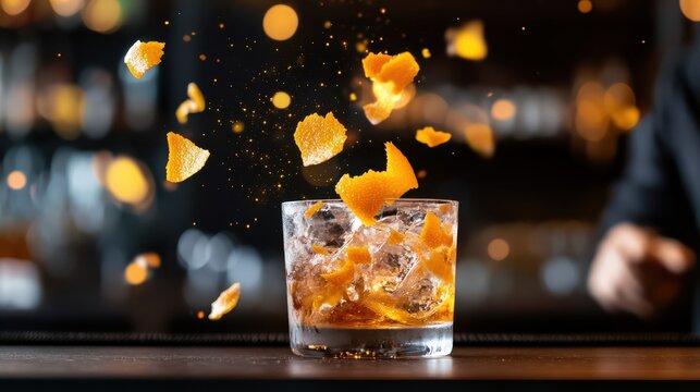 Craft Cocktail Creation: Bartender Tossing Orange Peel Over Old Fashioned with Ice Cubes, Professional Bar Setting with Bokeh Lights, Culinary Art
