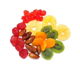 Different candied fruits on white background