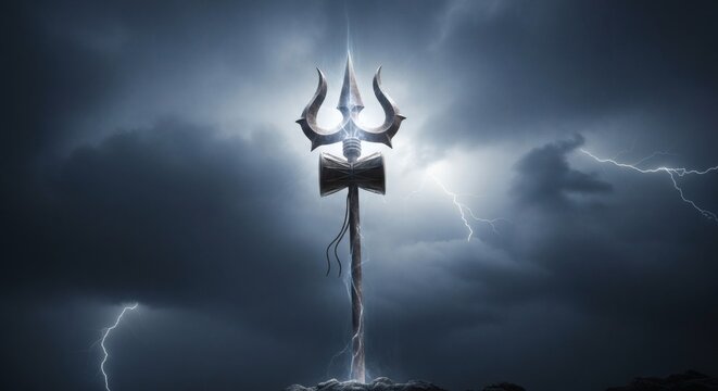 Shiva's Divine Trishul and Damru amidst a Lightning Storm