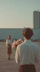A handsome young man holds flowers behind his back for a beautiful girl. View from behind. A wonderful first date.