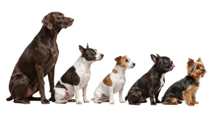 Five purebred dogs: Pointer, Bull, Jack Russell, French Bulldog, Yorkie, in a disciplined lineup on a transparent studio background with soft light, concept of canine diversity and training