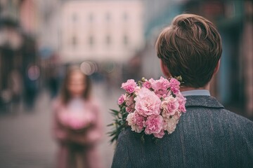 A handsome young man holds flowers behind his back for a beautiful girl. View from behind. A wonderful first date.