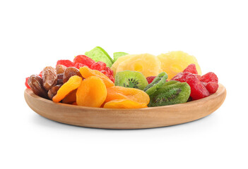 Wooden plate with different candied fruits on white background