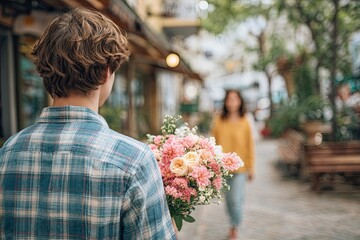 A handsome young man holds flowers behind his back for a beautiful girl. View from behind. A wonderful first date.