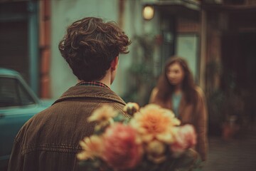 A handsome young man holds flowers behind his back for a beautiful girl. View from behind. A wonderful first date.