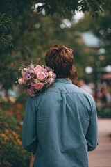 A handsome young man holds flowers behind his back for a beautiful girl. View from behind. A wonderful first date.