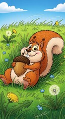 Squirrels Delight - A Cartoon Squirrel with an Acorn in a Meadow.
