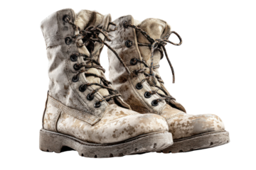 Pair of dirty desert camouflage combat boots with laces tied military, Isolated On Transparent Background, Png Cut Out