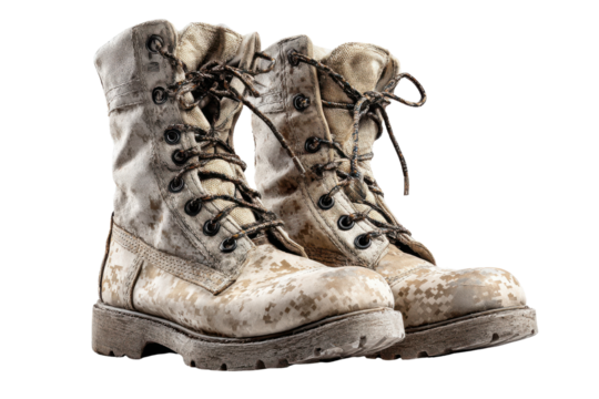 Pair of dirty desert camouflage combat boots with laces tied military, Isolated On Transparent Background, Png Cut Out