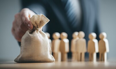 Hand Giving Money Bag to Wooden Figures, It shows a hand offering a money bag to wooden figures. Great for finance, team funding, or business investment visuals.
