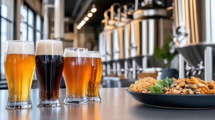 Craft Beer Tasting at Brewery: Variety of Beers in Glasses with Snacks on Table, Stainless Steel Tanks in Background