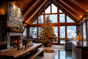 A mountain lodge with a massive Christmas tree, snow piling up outside, and cozy decor inside. A chic, creative, and beautiful Christmas or New Year tree for the interior of a stylish home or office
