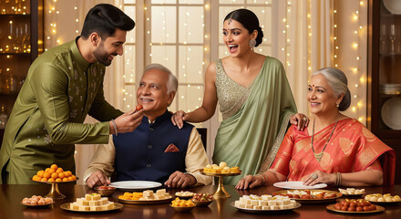Joyful Indian Family Celebrating with Traditional Sweets