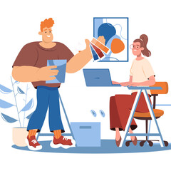 Man and woman collaborating on a design project in a modern office with color swatches and a laptop