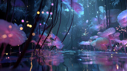 Enchanting bioluminescent jellyfish drift through a dark mystical underwater forest illuminated by soft glowing lights