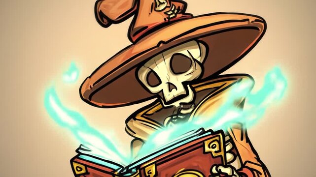 Animated skeleton wizard reading magic spellbook with glowing aura
