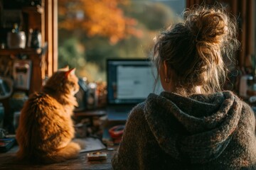 Young woman with messy bun, sitting at a wooden desk, working on a laptop with a ginger cat nearby, surrounded by warm autumn light and cozy home atmosphere