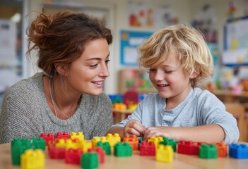 Young woman and child engaged in creative play with colorful building blocks on a table, fostering learning and connection through interactive activities in a bright environment